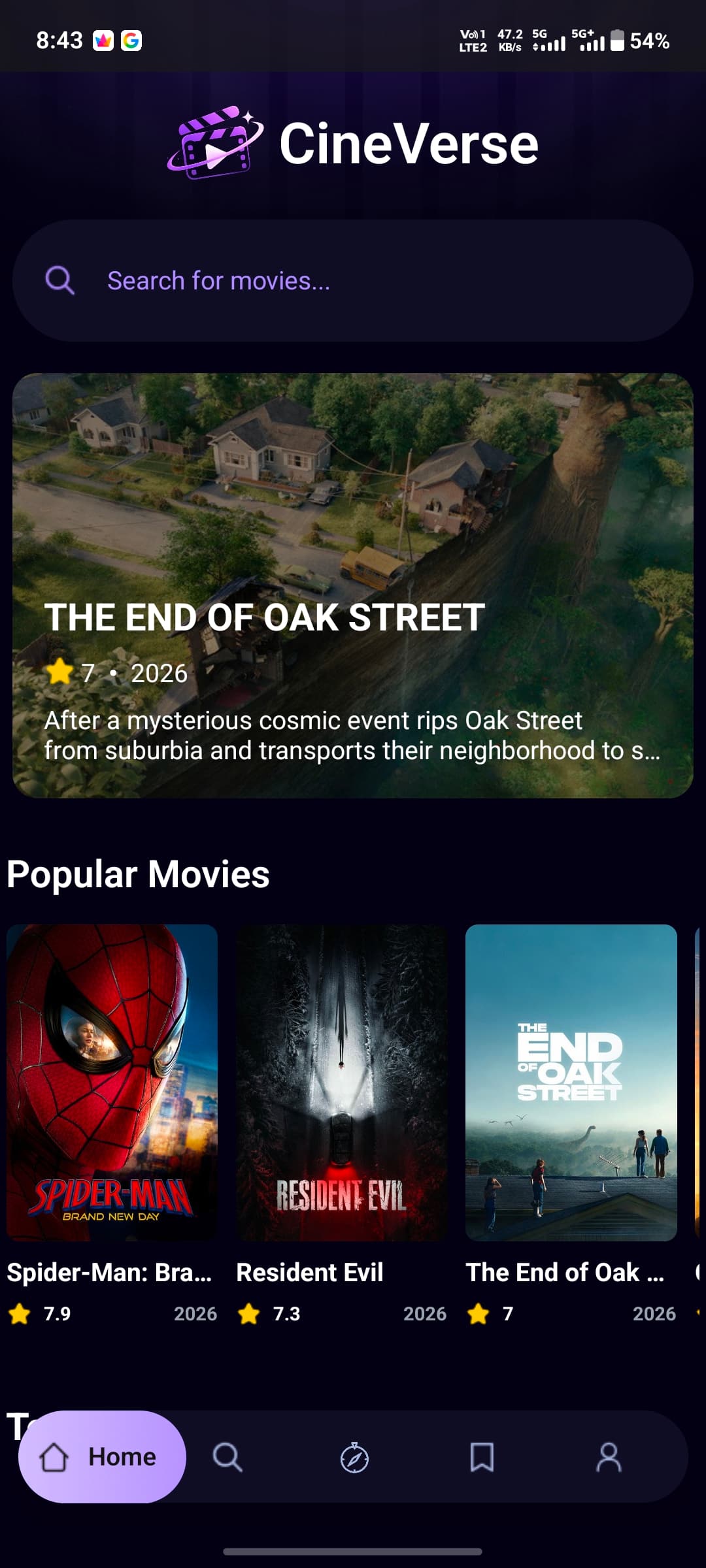 CineVerse home screen